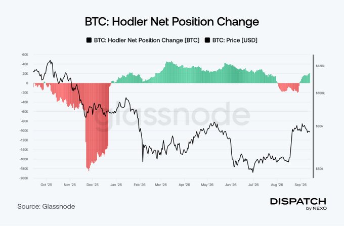 This Glassnode chart, titled "BTC: Hodler Net Position Change," tracks long-term Bitcoin holder net position changes (bars, left scale in BTC) overlaid with BTC price (black line, right scale in USD) from October 2025 through September 2026. The visualization illustrates the post's narrative: red bars showing persistent hodler distribution through late 2025 reaching approximately -180K BTC in December, followed by green accumulation bars from January 2026 onward, with a brief red dip in August that bottomed around -20K BTC before flipping positive to roughly +20K BTC by mid-September as price recovered above $80K toward the $82K resistance ceiling.