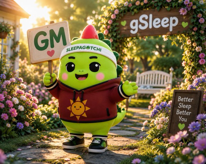 An AI-generated cute green dinosaur mascot wearing a hoodie and 'SLEEPAGOTCHI' beanie, holding a 'GM' sign in a garden setting with a 'gSleep' sign and 'Better Sleep Better You' plaque.
