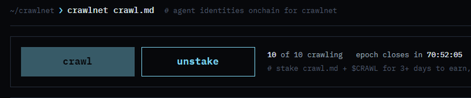 A terminal interface displays 'crawlnet crawl.md # agent identities onchain for crawlnet' with buttons to 'crawl' or 'unstake', indicating 10 of 10 crawling epoch closes in 70:52:05, with instructions to stake crawl.md + $CRAWL for 3+ days to earn.