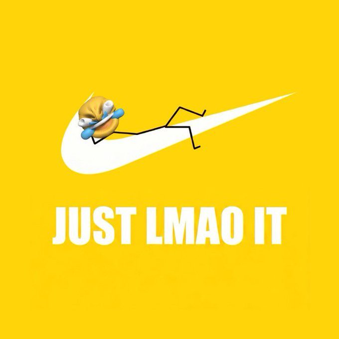 A meme featuring a cartoon character riding Nike's iconic swoosh logo with the text "JUST LMAO IT" on a yellow background, humorously referencing the $LMAO token being requested for coverage and holder stats while the joke plays on the well-known Nike slogan.