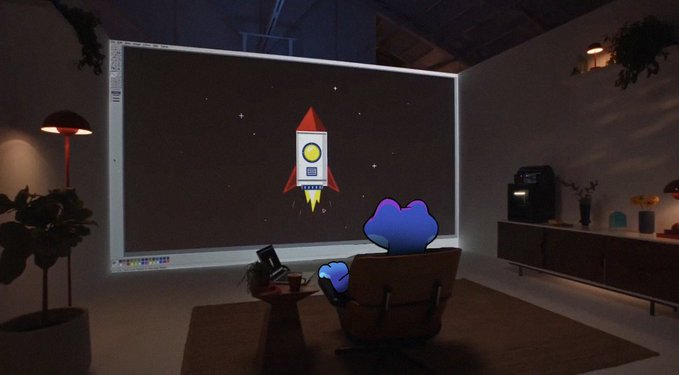 A 3D-rendered cozy room at night where a blue frog-like character sits in a chair watching a rocket launch displayed on a large window or screen.