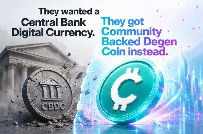 A promotional graphic contrasting a crumbling stone coin labeled "CBDC" with a glowing teal cryptocurrency coin, with text reading 'They wanted a Central Bank Digital Currency. They got Community Backed Degen Coin instead.'