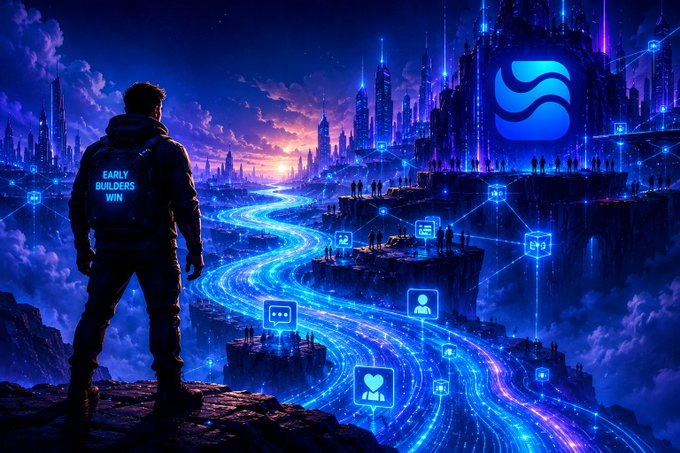 A digital artwork of a figure wearing a jacket labeled 'EARLY BUILDERS WIN' looking out over a futuristic, neon-blue cityscape with social media icons and a wave logo.
