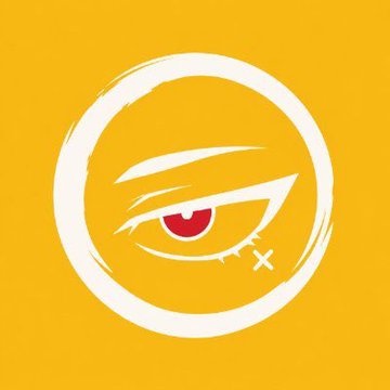 A minimalist logo featuring a stylized white eye with a red pupil and stitch marks on a yellow background.