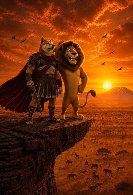 The image features a man dressed as a lion, holding a sword, standing next to another man who appears to be a dog wearing a cape with a red scarf around its neck. The background of the image shows a sunset over a desert landscape with several birds flying in the sky above them. The caption "#DOGEUS come on" suggests that this scene is related to a post about dogs, possibly featuring a reference to the movie "Lion King".