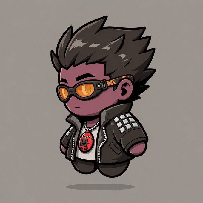 A cartoon-style avatar of a character with dark spiky hair, orange-tinted sunglasses, and a studded black leather jacket.