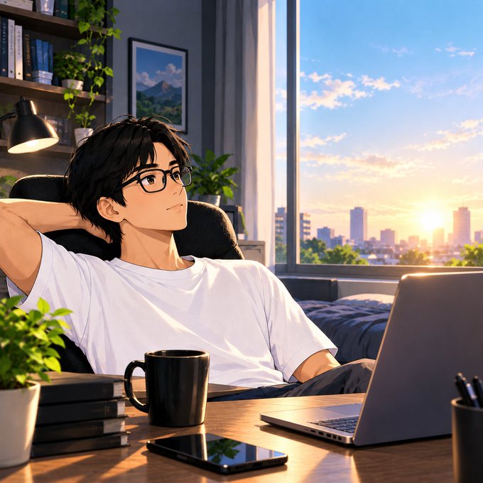 An anime-style illustration shows a young man with glasses and black hair relaxing with his hands behind his head in a room with a laptop, coffee mug, and a view of a city skyline at sunset.