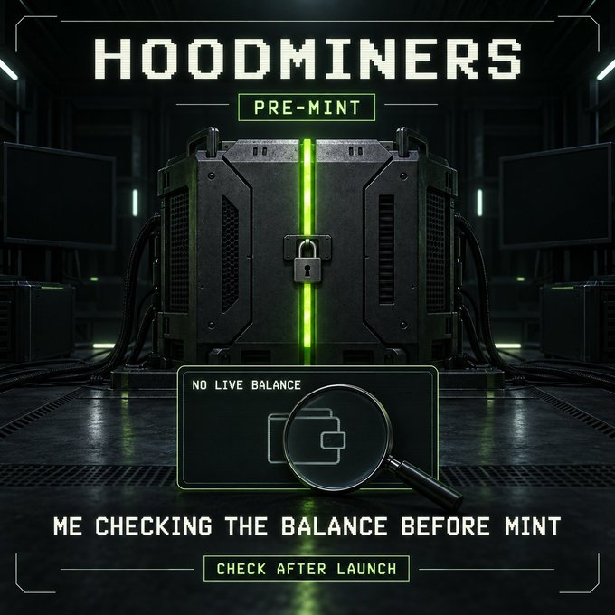 The image shows a locked "HOOOMINERS PRE-MINT" vault with a magnifying glass examining an empty wallet labeled "NO LIVE BALANCE," accompanied by the caption "ME CHECKING THE BALANCE BEFORE MINT" and "CHECK AFTER LAUNCH." It humorously illustrates the skeptic's perspective that while the HoodMiners project lists forthcoming payout sources (trading volume, secondary royalties, and Ordinals–Robinhood Bridge revenue) for tokenized stock rewards, no actual balance has materialized yet—only the pre-mint promise remains to be verified at launch.