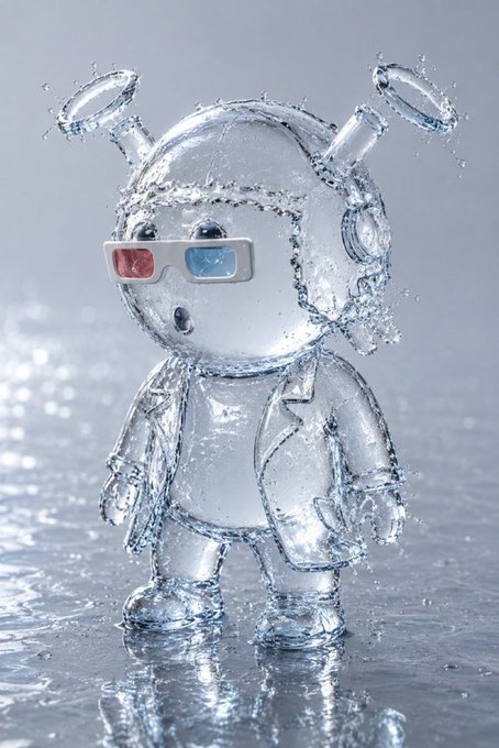 A 3D-rendered transparent figure resembling a character with antennae, wearing red-and-blue 3D glasses and a coat, standing in water with splashes around it.