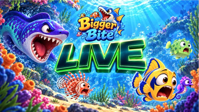 The vibrant promotional graphic features the "Bigger Bite LIVE" logo surrounded by cartoon sea creatures—a fierce shark, a lionfish, and colorful tropical fish—set against a coral reef backdrop, visually echoing the game's premise of growing larger by devouring smaller fish. The lively underwater scene captures the playful, predatory excitement of Nakamoto Games' latest release, where players evolve from tiny swimmers into apex predators.