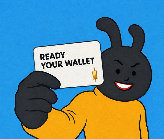 A cartoon black bunny in a yellow shirt holds up a card reading "READY YOUR WALLET" against a blue background, with a gold candlestick chart visible on the card. The image plays on the post's message "your wallet's about to get busy," using the wallet-themed pun and trading chart to suggest incoming market action.