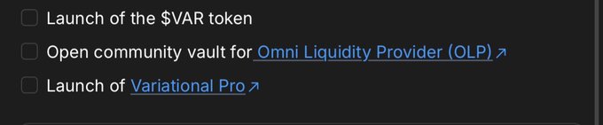 A dark-themed task list showing uncompleted items: 'Launch of the $VAR token', 'Open community vault for Omni Liquidity Provider (OLP)', and 'Launch of Variational Pro'.