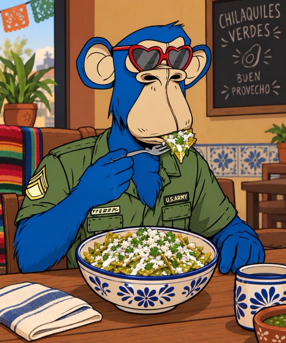 A cartoon illustration of a blue ape wearing heart-shaped red sunglasses and a U.S. Army uniform, eating chilaquiles verdes from a decorative bowl, with a chalkboard menu reading 'CHILAQUILES VERDES' and 'BUEN PROVECHO' in the background.