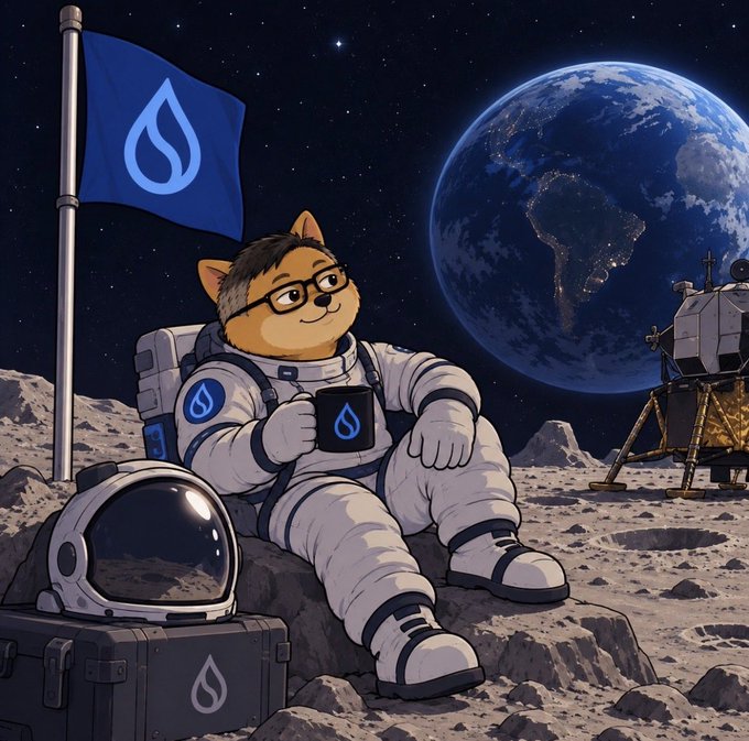 An illustrated Shiba Inu dog wearing glasses and an astronaut suit sits on the moon holding a mug, with a Sui (SUI) flag, a lunar lander, and Earth in the background.