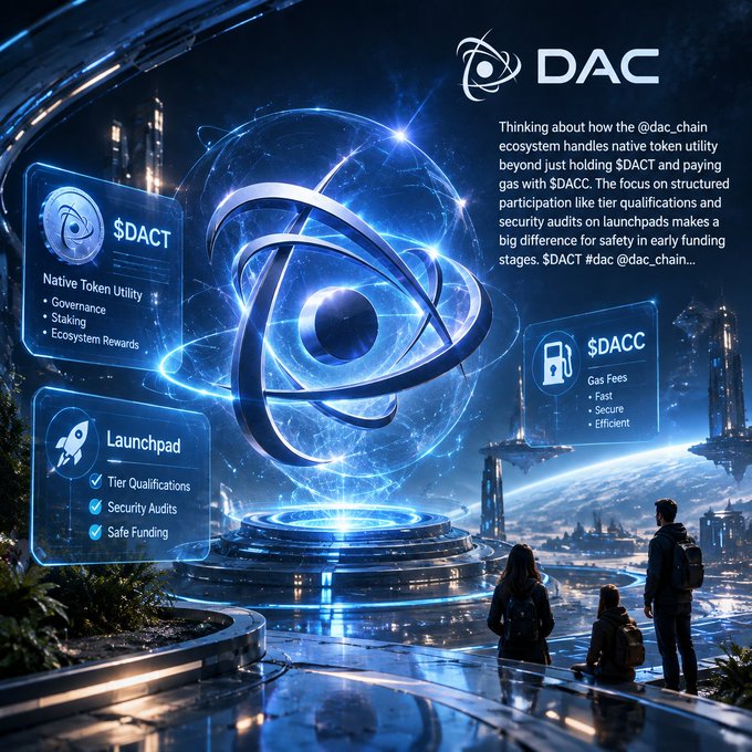 A futuristic promotional graphic for "DAC" discusses the @dac_chain ecosystem, highlighting $DACT native token utility, $DACC gas fees, and Launchpad tier qualifications and security audits.
