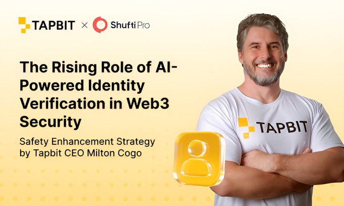 A promotional graphic featuring Tapbit CEO Milton Cogo alongside branding for a Tapbit × Shufti Pro collaboration, with the headline "The Rising Role of AI-Powered Identity Verification in Web3 Security" — visually tying into the post's message about building trust at scale through AI-driven identity verification for Web3.