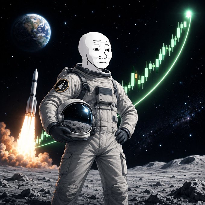 An AI-generated image showing an astronaut holding a helmet on the lunar surface, with a rocket launching behind, Earth in the background, and a glowing green candlestick price chart trending upward into the stars.