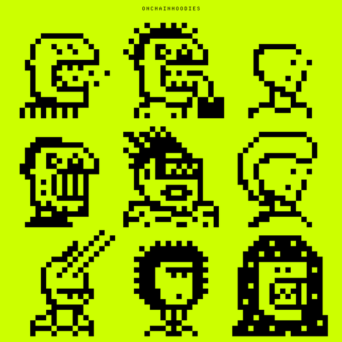 A grid of nine black pixel-art character heads is shown on a bright yellow-green background with the text 'ONCHAINHOODIES' at the top.