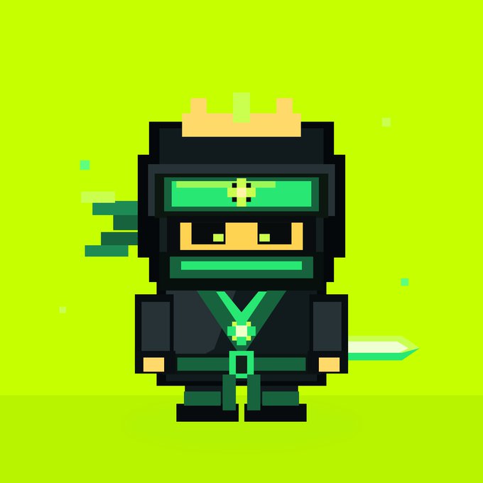 A pixel-art illustration of a ninja character wearing a black hood with a green headband, dressed in dark clothing with green accents, holding a glowing green sword against a bright green background.