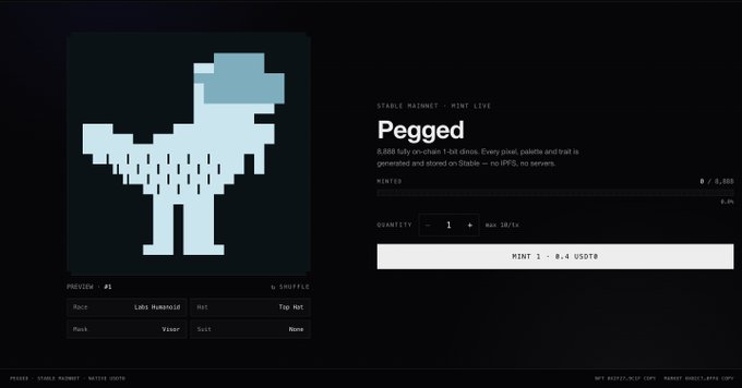 A dark-themed NFT minting interface displaying a pixelated llama character titled "Pegged" on a Stable Magnet mint-live platform, with options to mint up to 8,888 fully on-chain NFTs at 0.4 USDT each, featuring attributes like Race, Mask, Hat, and Weapon. The interface matches the post's description, showing the active mint page with a quantity selector set to 1 and a mint cost of 0.4 USDT.