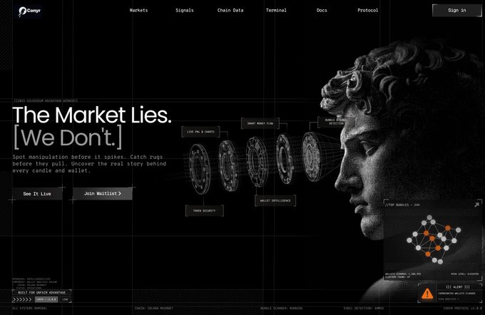 A dark-themed website landing page for a cryptocurrency analytics platform featuring the headline 'The Market Lies. [We Don't.]' alongside a classical statue head profile and network diagrams.