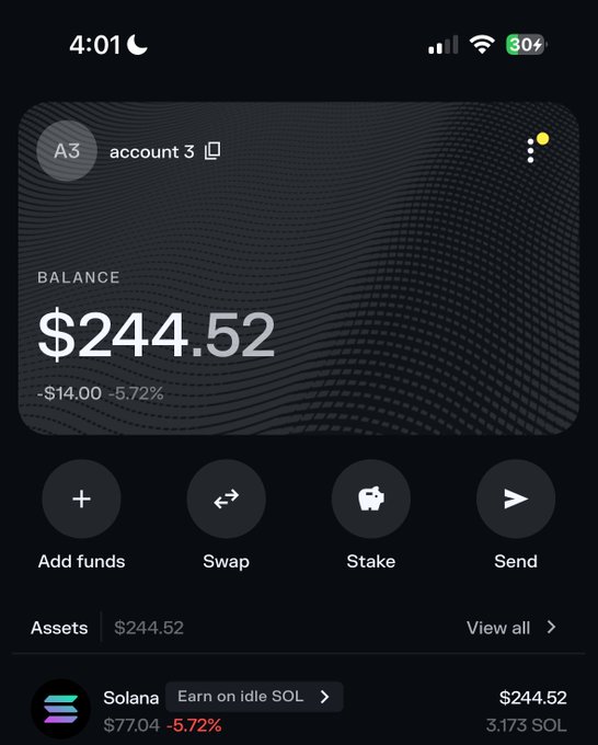 A cryptocurrency wallet app displays "account 3" with a balance of $244.52, showing a decline of -$14.00 (-5.72%) on a Solana holding of 3.173 SOL ($244.52). The image appears to serve as proof of funds for a "$240 SOL giveaway" post offering $20 each to 12 participants who like, retweet, and follow specified accounts.