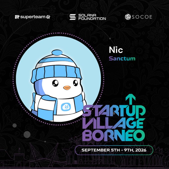 Promotional graphic for 'STARTUP VILLAGE BORNEO' event on September 5th-9th, 2026, featuring a cartoon penguin mascot in winter clothing and logos for superteam, Solana Foundation, and SOCOE.