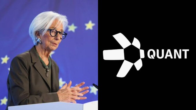 A split image shows Christine Lagarde speaking at a European Union podium on the left and the 'QUANT' cryptocurrency logo on the right.
