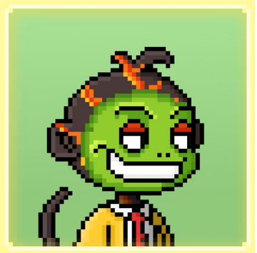 A pixel art illustration of a green-skinned zombie character with red eyes and a wide grin, wearing a yellow jacket over a white shirt with a red tie.
