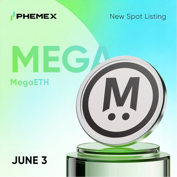 The image features a green glass coin with a white logo that reads "MEGA" on it, placed on top of a glass stand. The background of the image has a light blue color, and there are two texts written below the coin - one is in black text and says "New Spot Listing", while the other is in white text and says "Phemex".