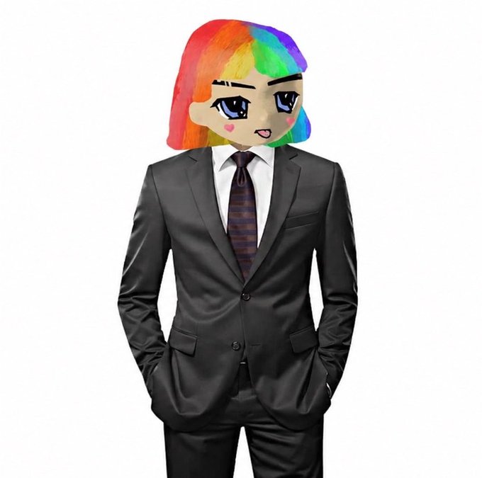 A digital illustration of a figure in a black business suit and tie, with a Gacha-style anime head featuring rainbow-colored hair.