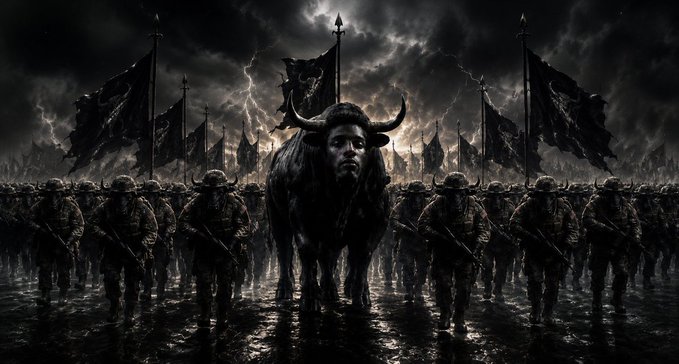 A dark, dramatic digital artwork depicting a bull-headed warrior leading an army of soldiers in combat gear with spears and tattered black flags under a stormy sky with lightning.