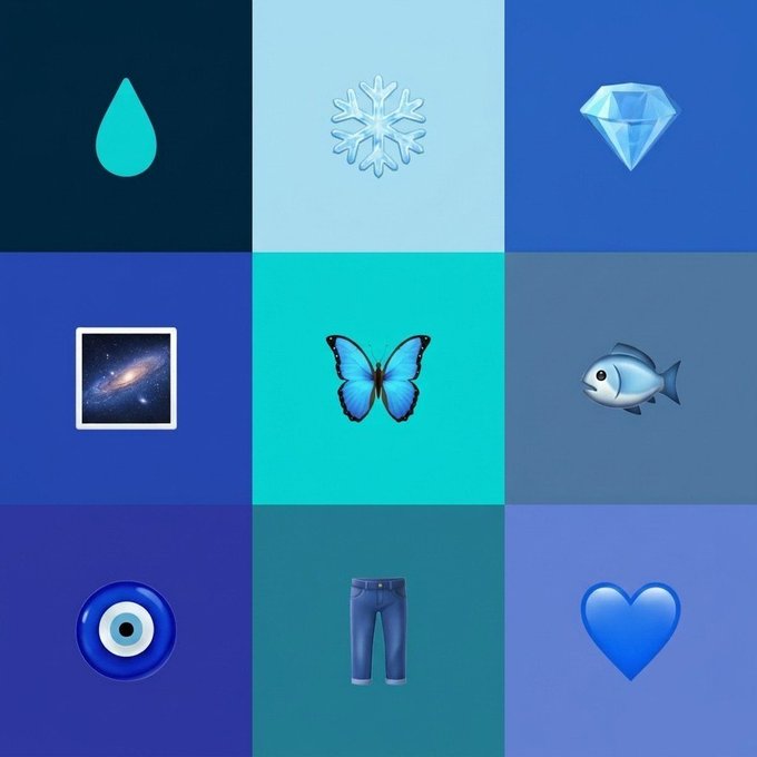 A 3x3 grid of emoji-style icons on blue and teal backgrounds, featuring a water droplet, snowflake, diamond, galaxy photo frame, butterfly, fish, nazar eye, jeans, and blue heart.