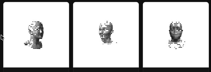 Three frames showing pixelated humanoid figures with horizontal scan-line distortion effects on white backgrounds, with a mouse cursor visible on the left.