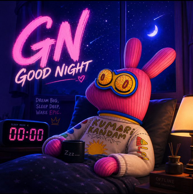 A 'Good Night' digital illustration of a pink rabbit character wearing goggles and pajamas reading 'KUMARI KANDAM', sitting in bed with a digital clock showing 00:00 and a mug labeled 'Zzz...' under a starry night sky.