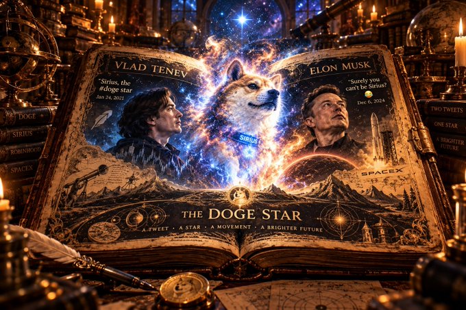 An ornate, glowing book is open to reveal a cosmic illustration titled "THE DOGE STAR," featuring Vlad Tenev (Jan. 24, 2021) and Elon Musk (Dec. 6, 2024) flanking a radiant Doge Shiba head surrounded by SpaceX rockets, planet alignments, and the phrases "Sirius, the #Doge star" and "Surely you can't be Sirius?"—visually framing the two men as twin authors of a preordained celestial narrative that the post suggests was destined long before it was spoken.