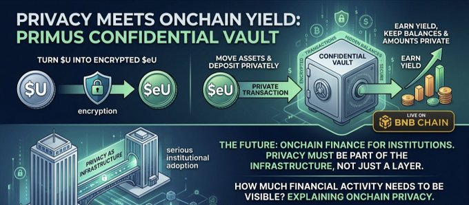 An infographic titled 'PRIVACY MEETS ONCHAIN YIELD: PRIMUS CONFIDENTIAL VAULT' explaining how $U is encrypted to $eU and deposited into a confidential vault to earn yield on BNB Chain, emphasizing that 'PRIVACY MUST BE PART OF THE INFRASTRUCTURE'.