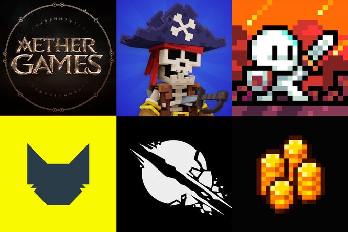 A collage of six video game-related images including the Aether Games logo, a skeleton pirate character, pixel art of a skeleton with a sword, a yellow cat logo, a cracked moon emblem, and pixelated gold coins.