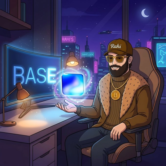 An animated digital illustration of a bearded man wearing a black cap labeled "Rahi," sunglasses, and a Bitcoin medallion, sitting at a glowing computer monitor displaying "BASE" with a futuristic cityscape behind him.