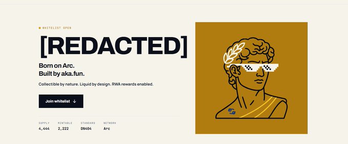 A webpage or digital card displays a yellow-toned illustration of a classical bust wearing pixelated sunglasses and a laurel wreath, with text reading '[REDACTED]', 'Born on Arc. Built by aka.fun.', and supply stats.