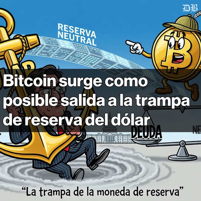 A cartoon illustration depicts a dollar sign anchor pulling a suited man into water, with a Bitcoin character pointing toward a 'RESERVA NEUTRAL' path. Spanish text reads 'Bitcoin surge como posible salida a la trampa de reserva del dólar' and 'La trampa de la moneda de reserva', with a scale labeled 'DEUDA' in the background.