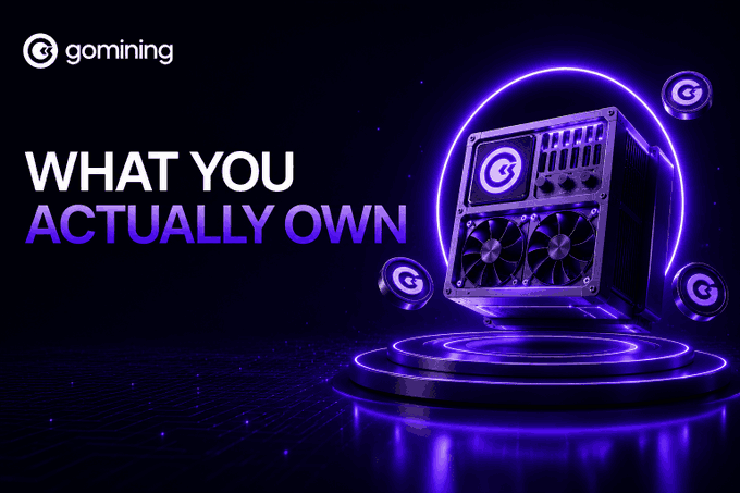 The image shows stylized text "WHAT YOU ACTUALLY OWN" alongside a mining rig and glowing coins, all branded with the GoMining logo, visually reinforcing the idea of ownership in Bitcoin mining.
