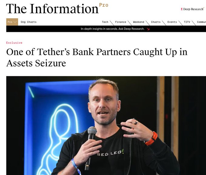 A screenshot of 'The Information Pro' features an exclusive article headlined 'One of Tether's Bank Partners Caught Up in Assets Seizure' alongside a photo of a speaker holding a microphone.