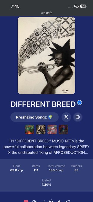 A mobile app screenshot from xrp.cafe showing an NFT collection called 'DIFFERENT BREED' by Preshzino Songz, featuring artwork of a Black man playing a trumpet, with collection stats showing 111 items, 186.0 xrp volume, and 69.0 xrp floor price.