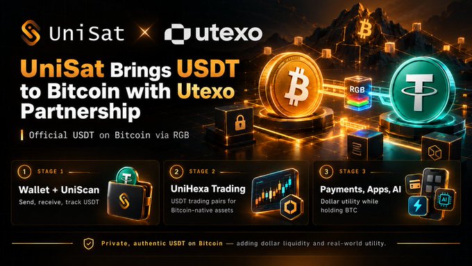 A promotional graphic announces that UniSat is bringing USDT to Bitcoin through a partnership with Utexo, featuring three stages: Wallet + UniScan, UniHexa trading, and Payments/Apps.