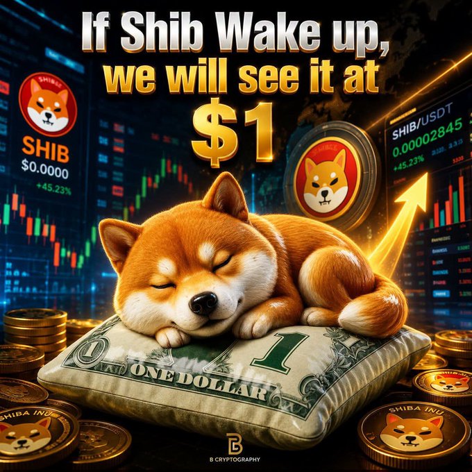 A promotional graphic titled "If Shib Wake up, we will see it at $1" featuring a sleeping Shiba Inu dog resting on a one-dollar bill, surrounded by SHIB coin imagery and price charts.