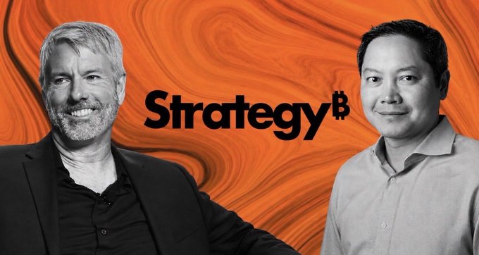 The image shows two men smiling in front of an orange swirled background featuring the "Strategy₿" logo, visually anchoring a post celebrating $MSTR's strong year-to-date gains of 7% and 41.30% monthly returns, outperforming $IBIT's decline.
