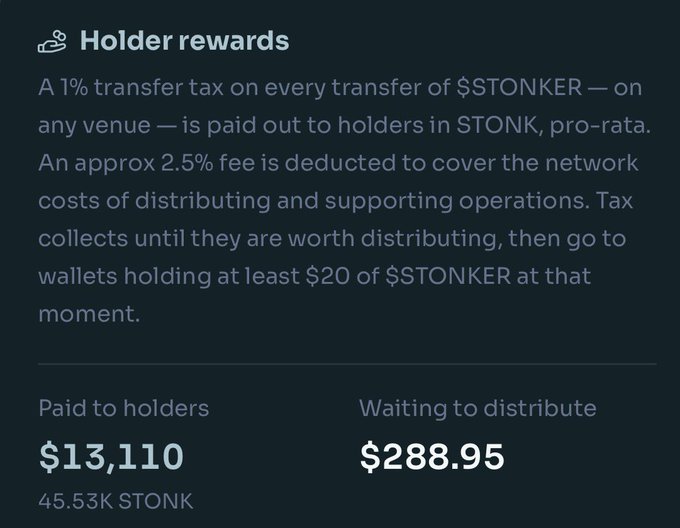 A 'Holder rewards' dashboard panel for a token, explaining a 1% transfer tax on $STONKER paid out in $STONK pro-rata, showing '$13,110 Paid to holders (45.53K STONK)' and '$288.95 Waiting to distribute'.