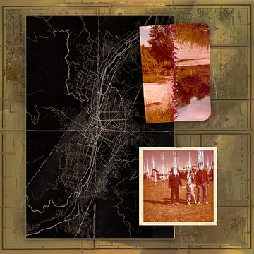 A vintage-style collage featuring a dark map with white lines and two attached photographs showing an autumn landscape and people playing polo.