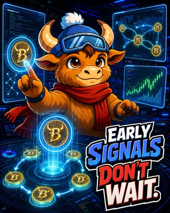 Digital illustration of a Viking-horned cartoon character in a blue beanie pointing at floating Bitcoin coins and trading charts, with bold text reading 'EARLY SIGNALS DON'T WAIT.'